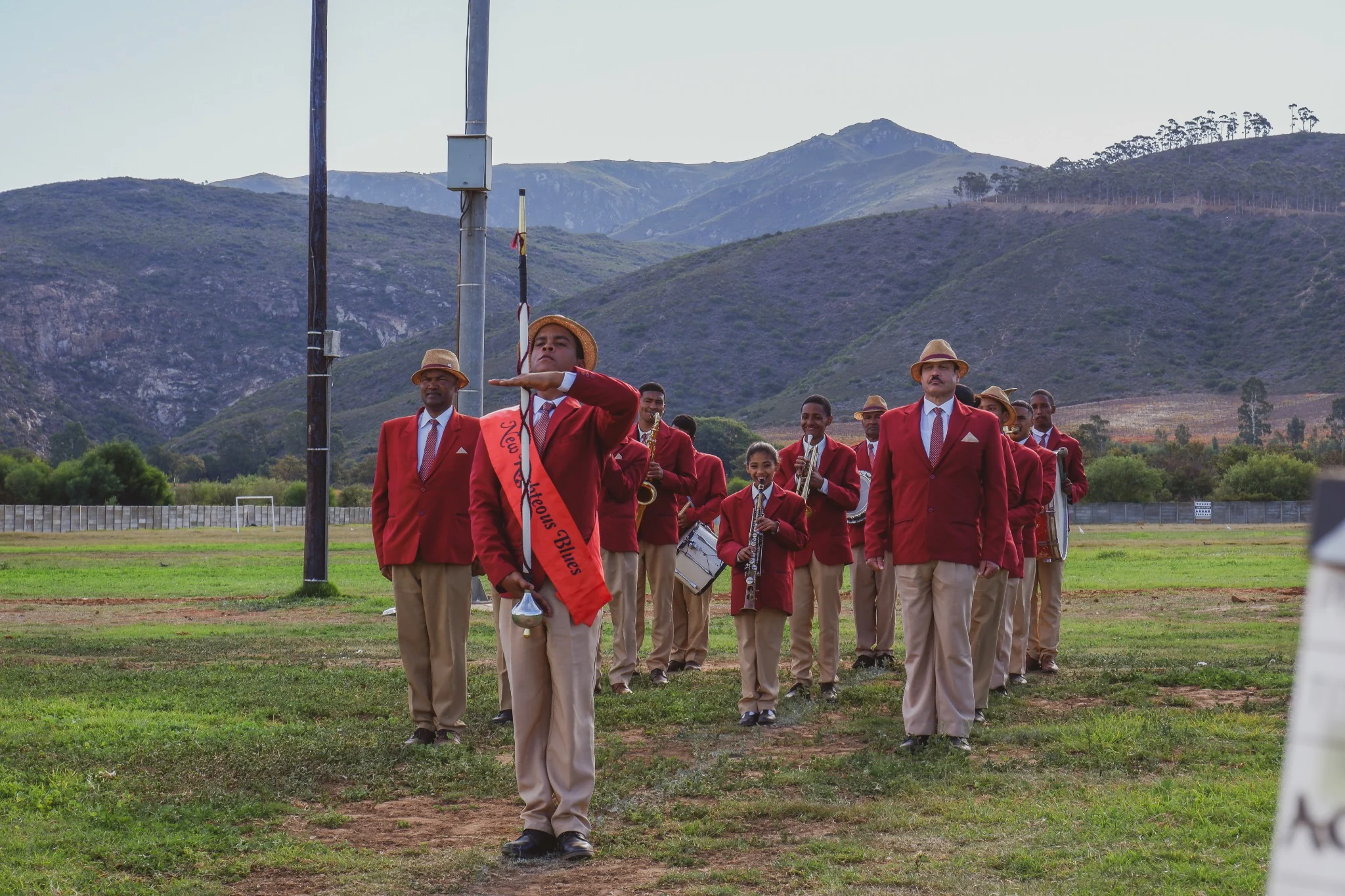 The Old Righteous Blues choir band on the field in Robertson